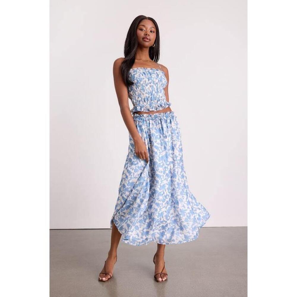 Lulus Denarius White And Blue Leaf Print Two-piece Midi Dress - Size S